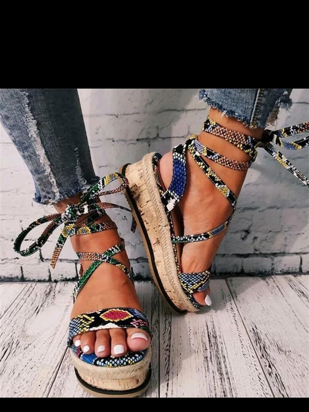Women's Multicolor Snake-Print Lace-Up Wedge Sandals